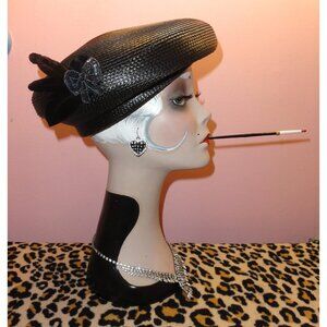 Vintage Black Woven Beret Hat w/ Sequins Bow and Feathers pinup church hat